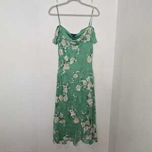 IN San Francisco Green Floral Slip Midi Dress L Cowl Neck Y2K Fairy Cottagecore